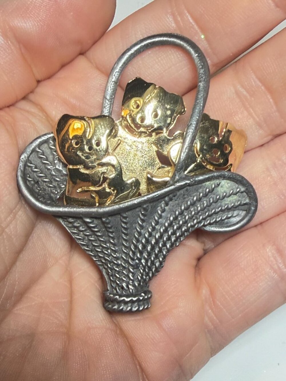 Kittens in Basket Brooch Signed Ultra Craft OOAK Upcycled
